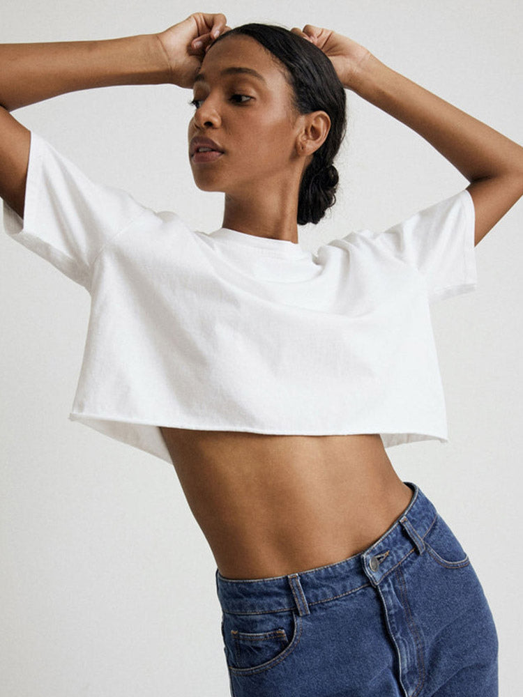 Charcoal Short-Sleeve Round-Neck Cropped Shirt — view 16