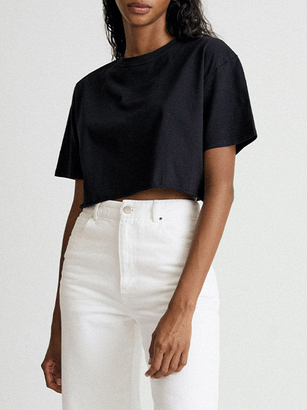 Charcoal Short-Sleeve Round-Neck Cropped Shirt — view 13