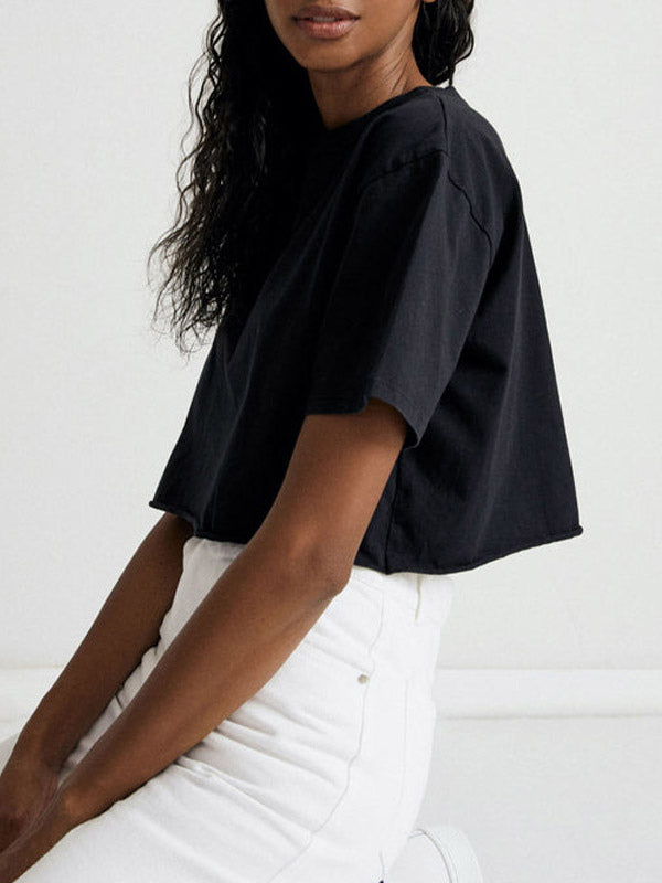 Charcoal Short-Sleeve Round-Neck Cropped Shirt — view 14