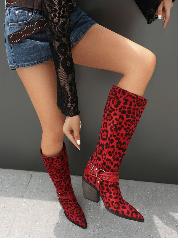 red pointed toe block heel leopard print knee high boots — view 6