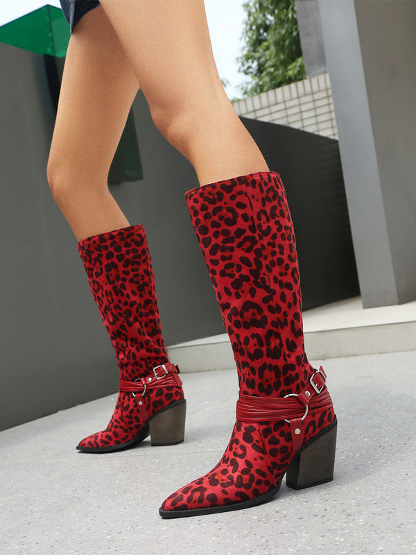 red pointed toe block heel leopard print knee high boots — view 4