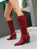 red pointed toe block heel leopard print knee high boots — view 4