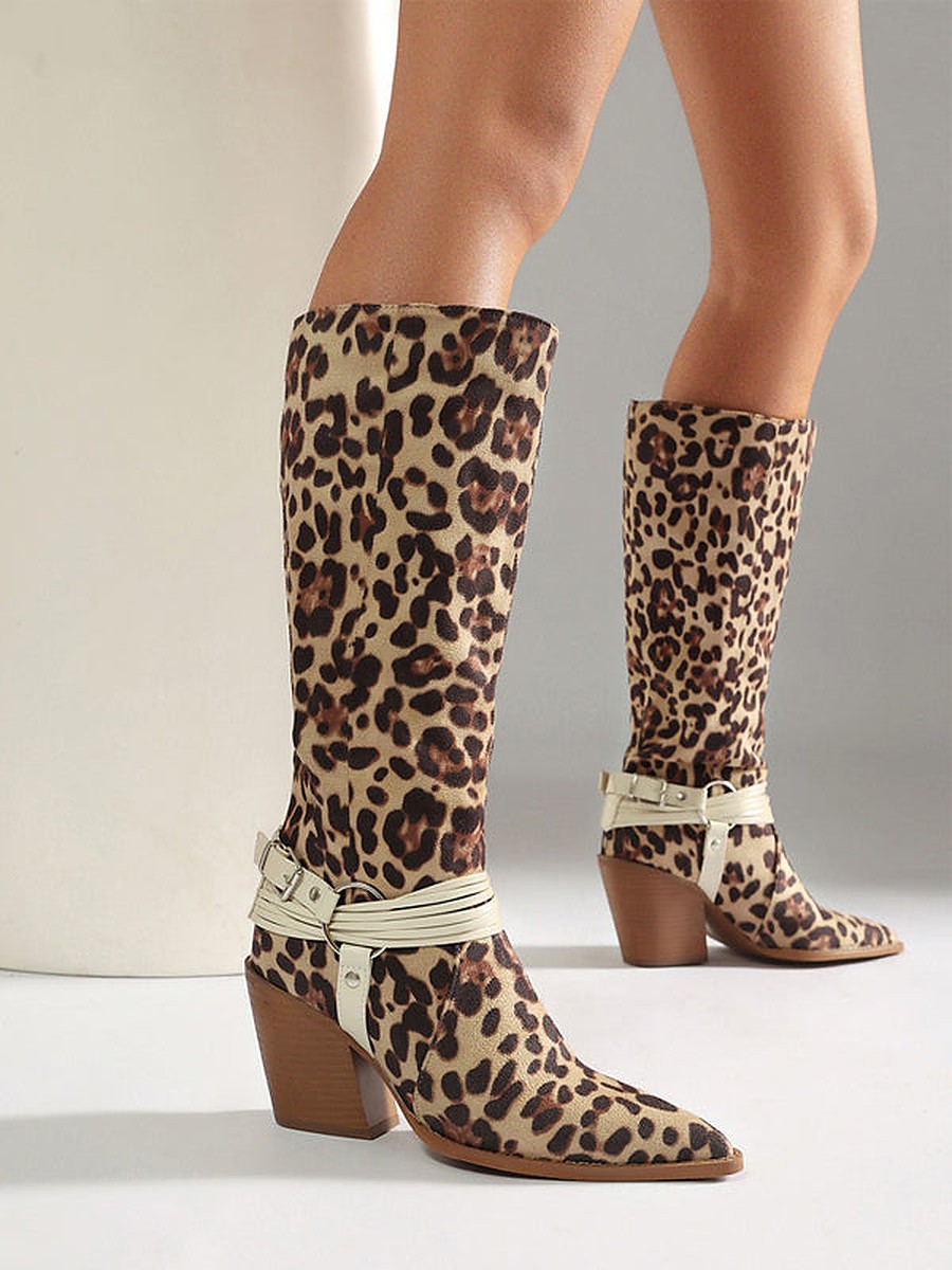 Red Pointed-Toe Block Heel Leopard Print Knee-High Boots — view 1