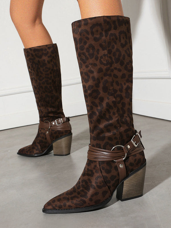 red pointed toe block heel leopard print knee high boots — view 7