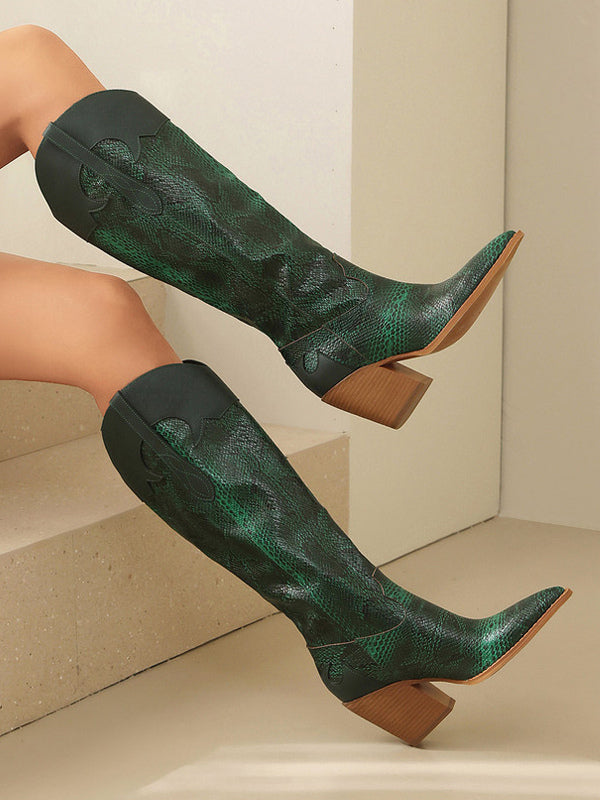 green pointed toe block heel knee high boots — view 3