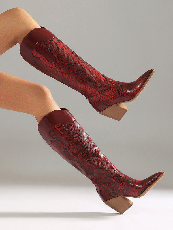 green pointed toe block heel knee high boots — view 8