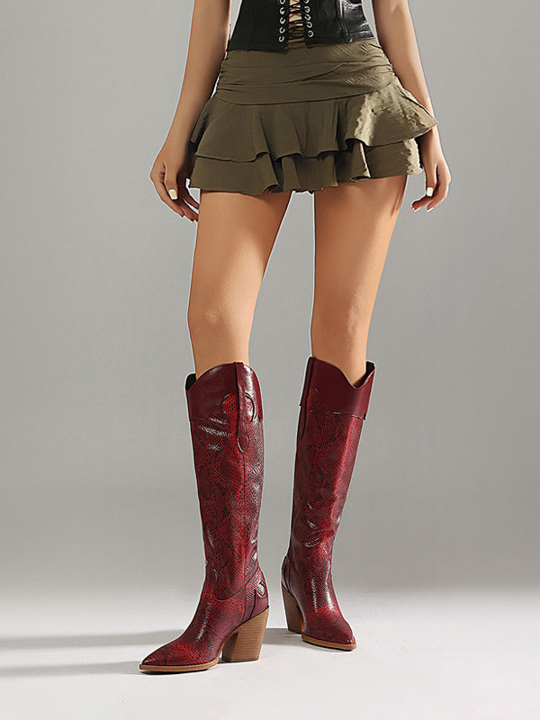 green pointed toe block heel knee high boots — view 9