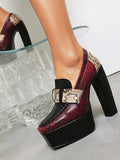 Red Square-Toe Platform Block Heel Court Shoes — view 1