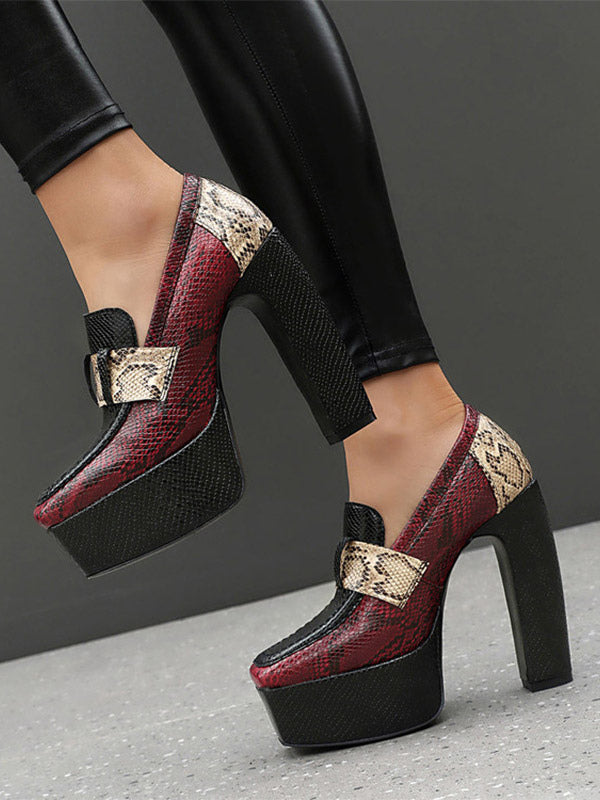 Red Square-Toe Platform Block Heel Court Shoes — view 9