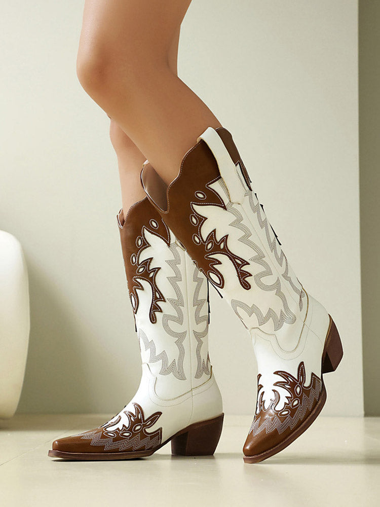 blue pointed toe block heel contrast panel knee high boots — view 5
