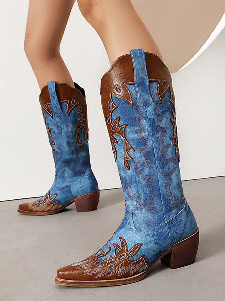 Blue Pointed-Toe Block Heel Contrast Panel Knee-High Boots — view 1