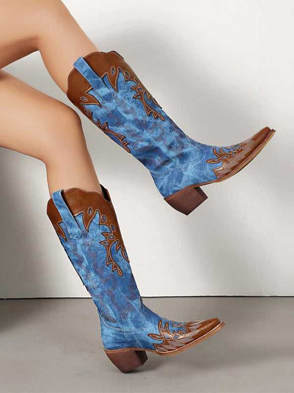 blue pointed toe block heel contrast panel knee high boots — view 2