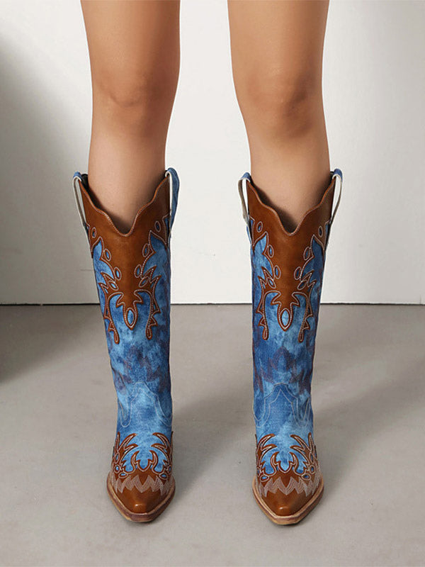 Blue Pointed-Toe Block Heel Contrast Panel Knee-High Boots — view 3