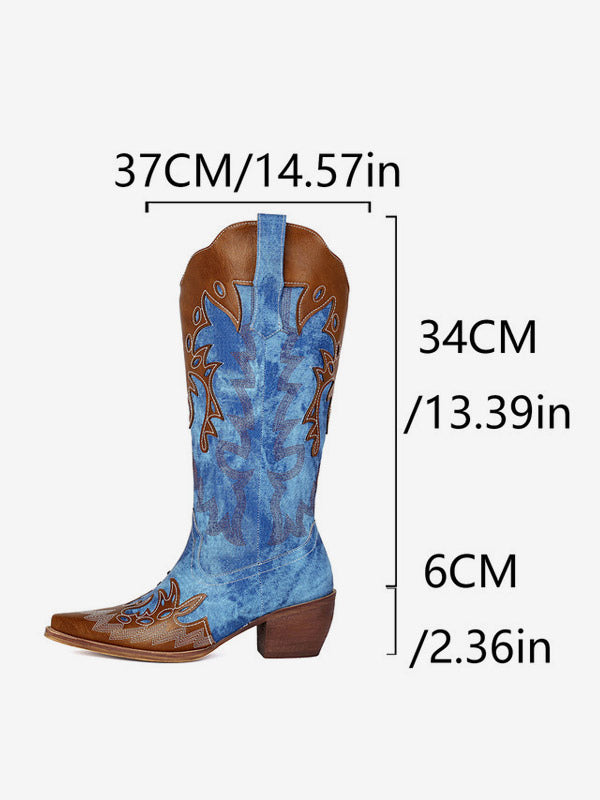 Blue Pointed-Toe Block Heel Contrast Panel Knee-High Boots — view 4