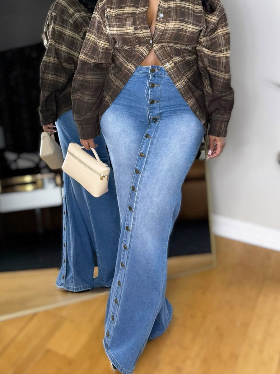 blue high waisted wide leg denim jeans — view 3