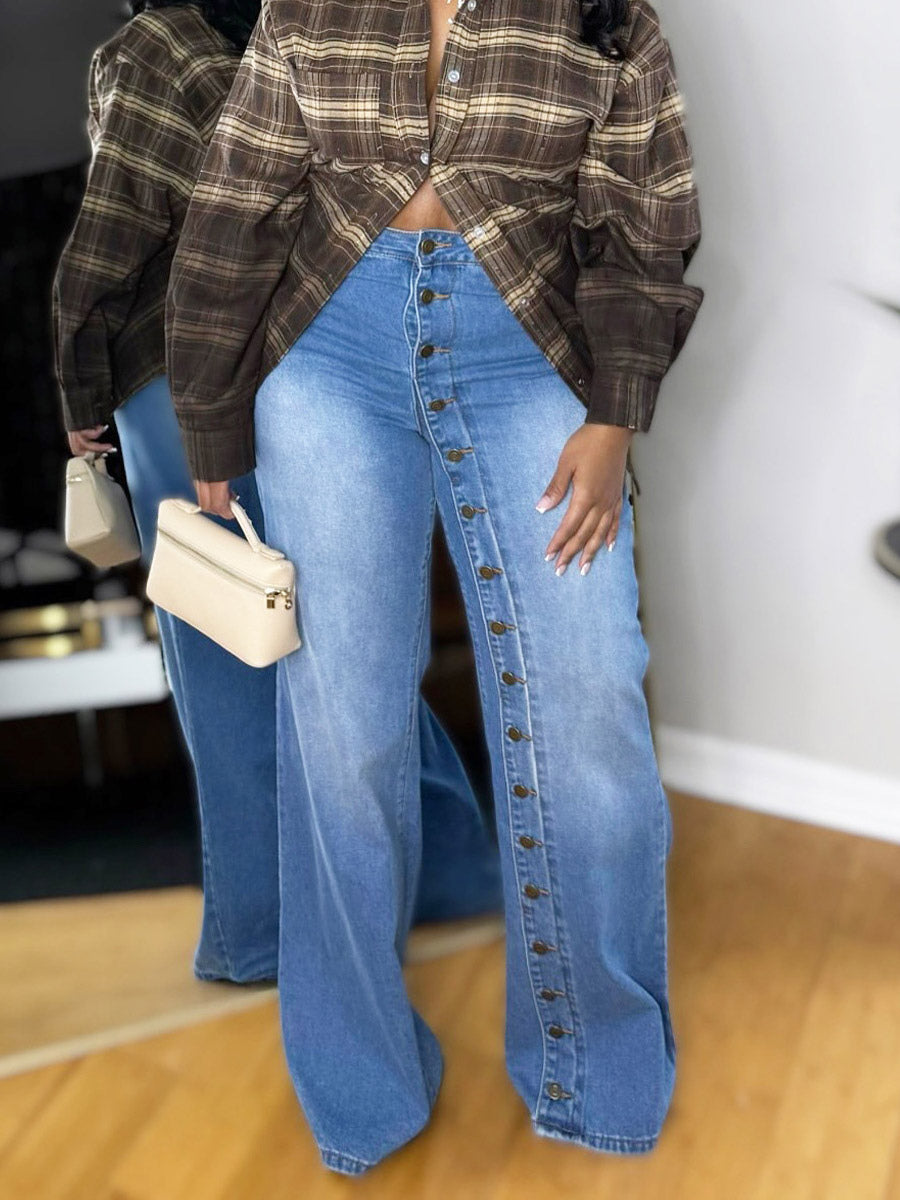 blue high waisted wide leg denim jeans — view 2