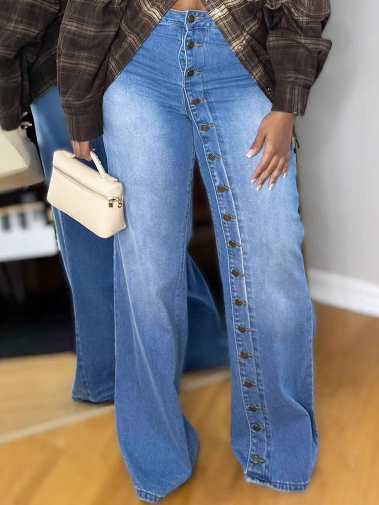blue high waisted wide leg denim jeans — view 1