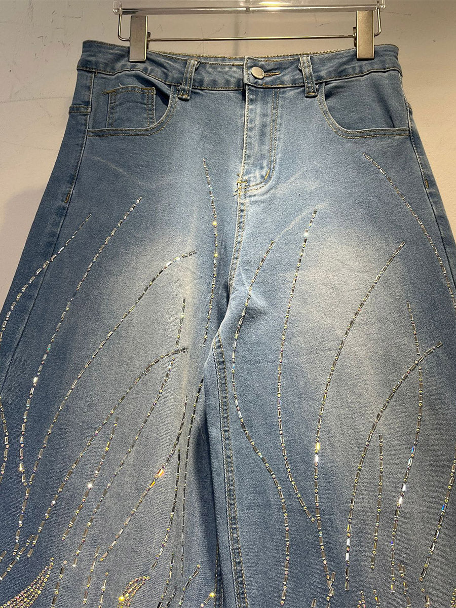 blue embellished high waisted wide leg jeans — view 4