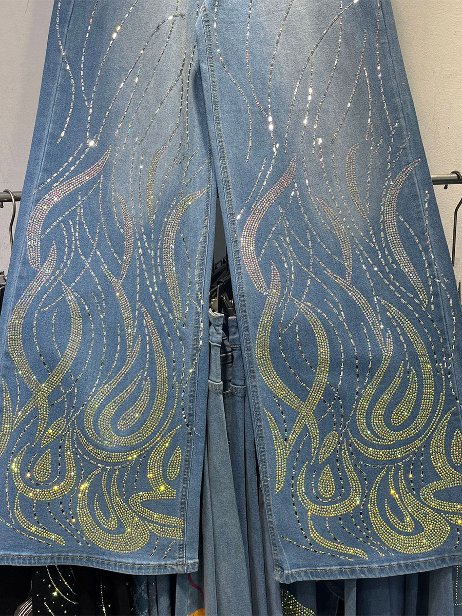 blue embellished high waisted wide leg jeans — view 2