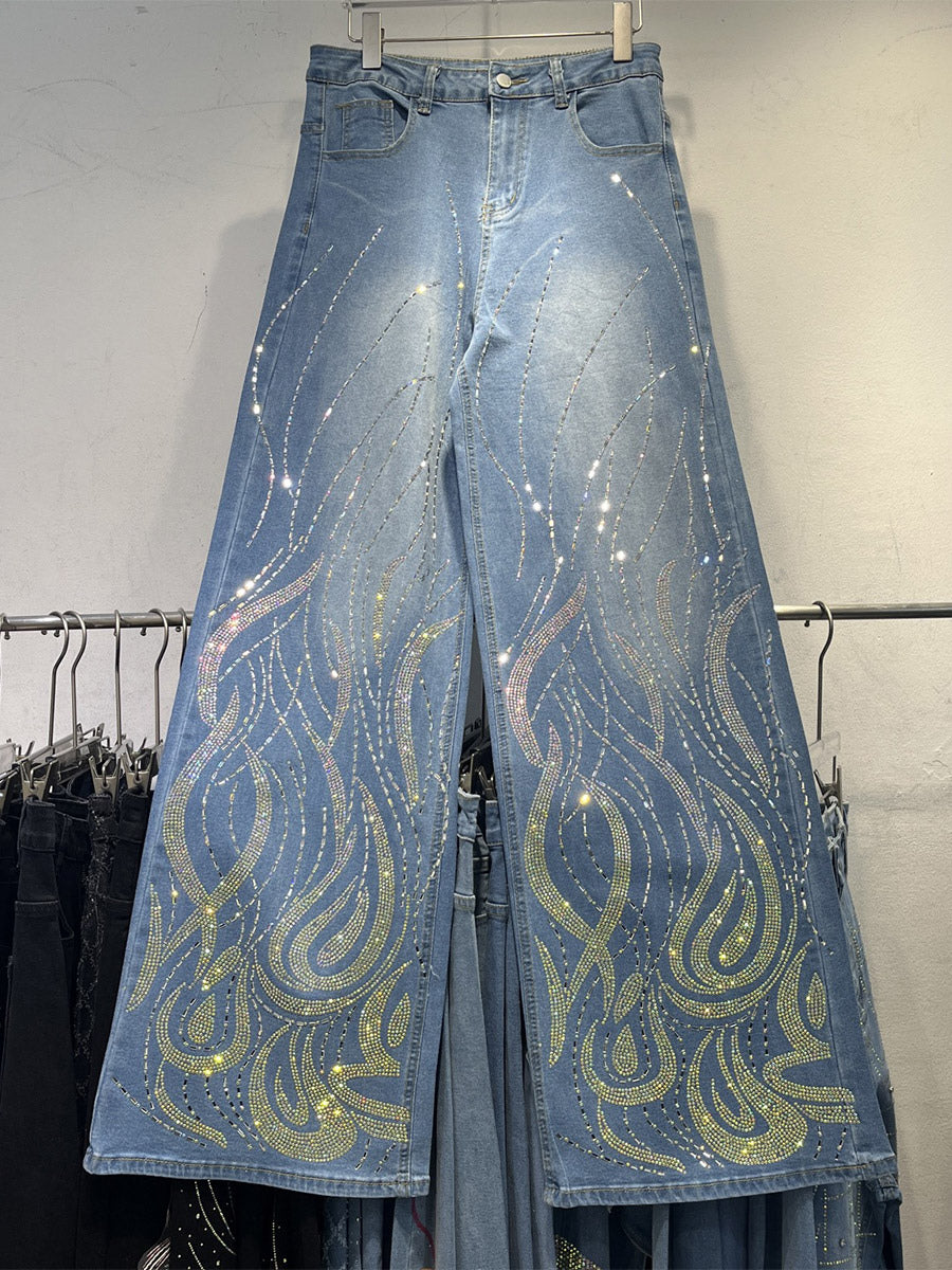 Blue Embellished High-Waisted Wide-Leg Jeans — view 1