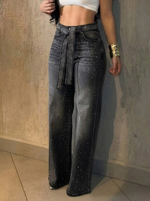 Blue Embellished Belted High-Waisted Jeans — view 5
