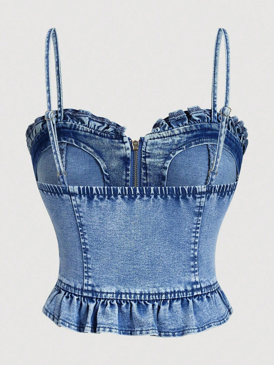 Blue Sweetheart Ruffle Denim Corset Top — view 2