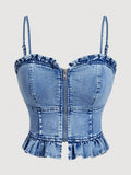 Blue Sweetheart Ruffle Denim Corset Top — view 1