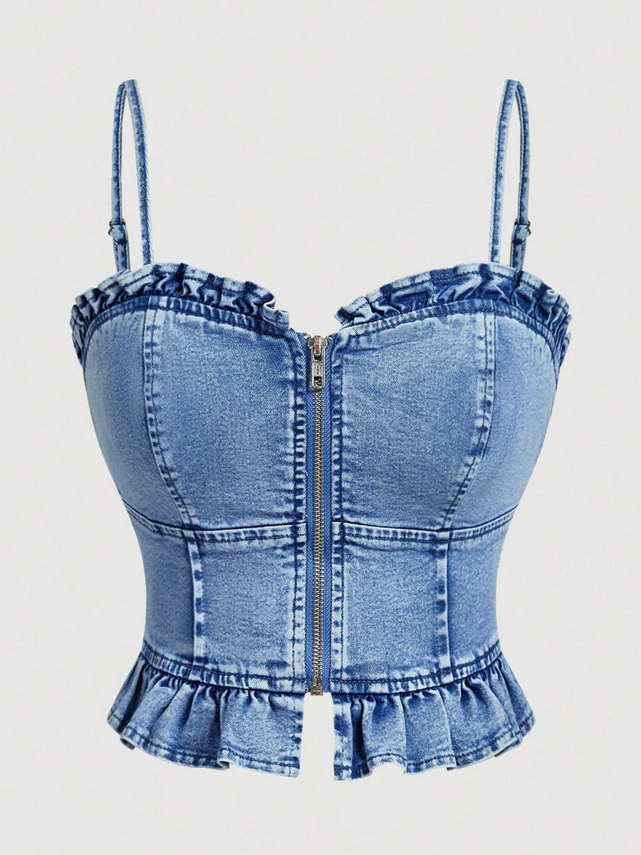 Blue Sweetheart Ruffle Denim Corset Top — view 1