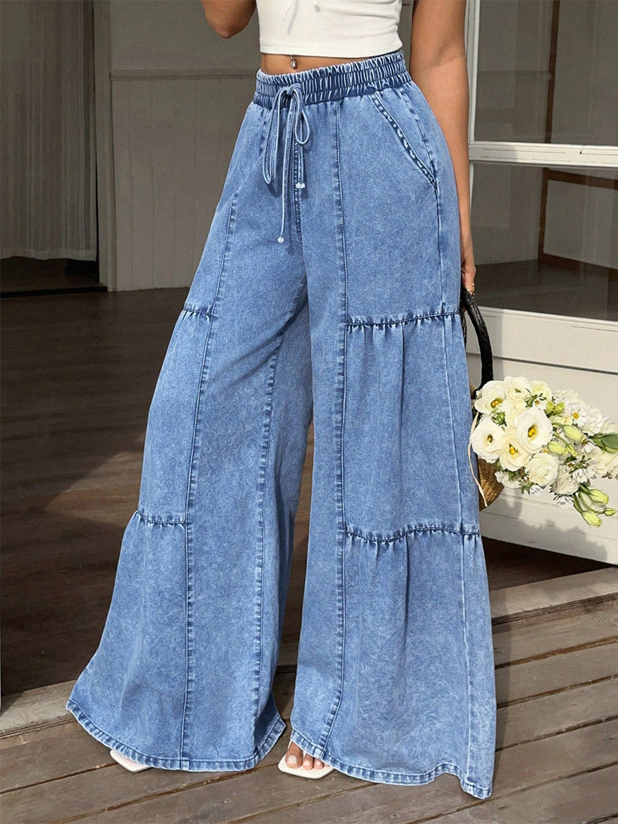 blue tiered wide leg denim jeans — view 2