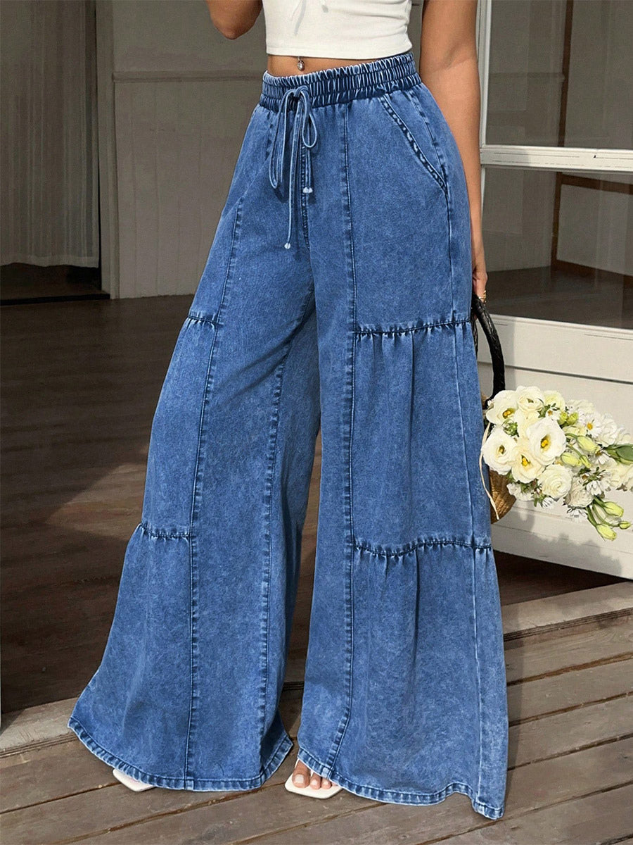 blue tiered wide leg denim jeans — view 10