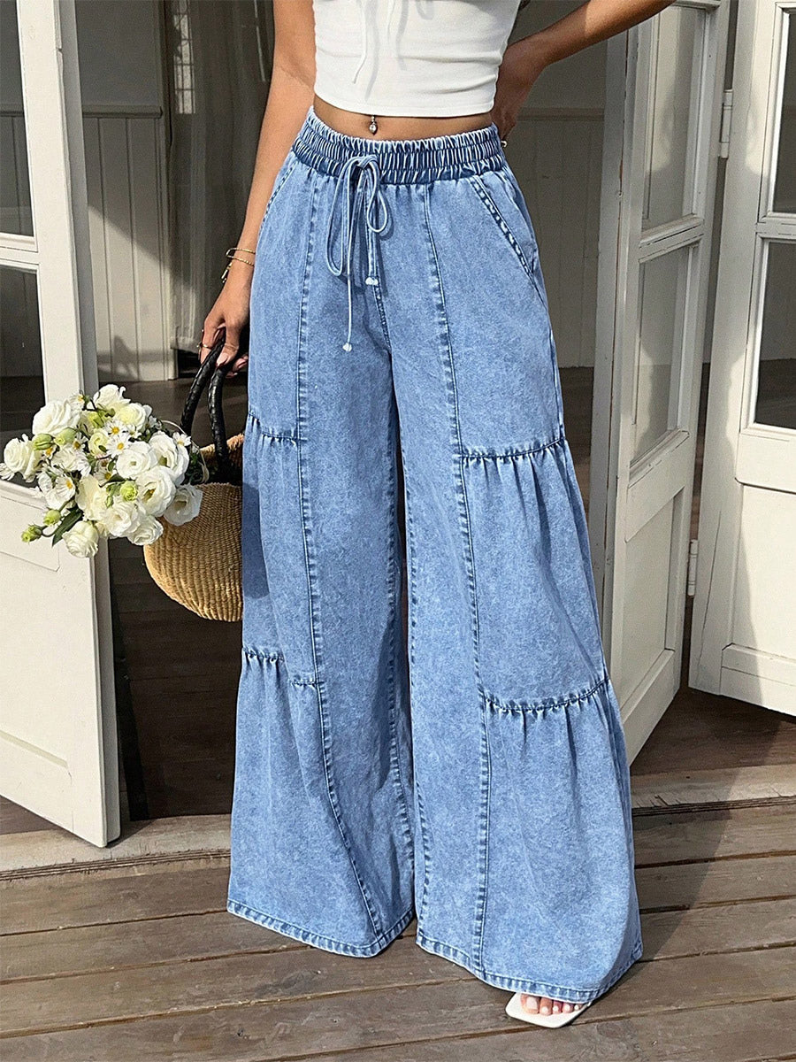 blue tiered wide leg denim jeans — view 8