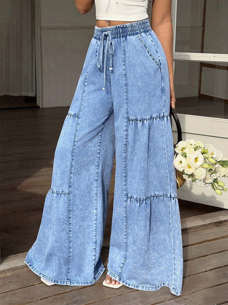 blue tiered wide leg denim jeans — view 5