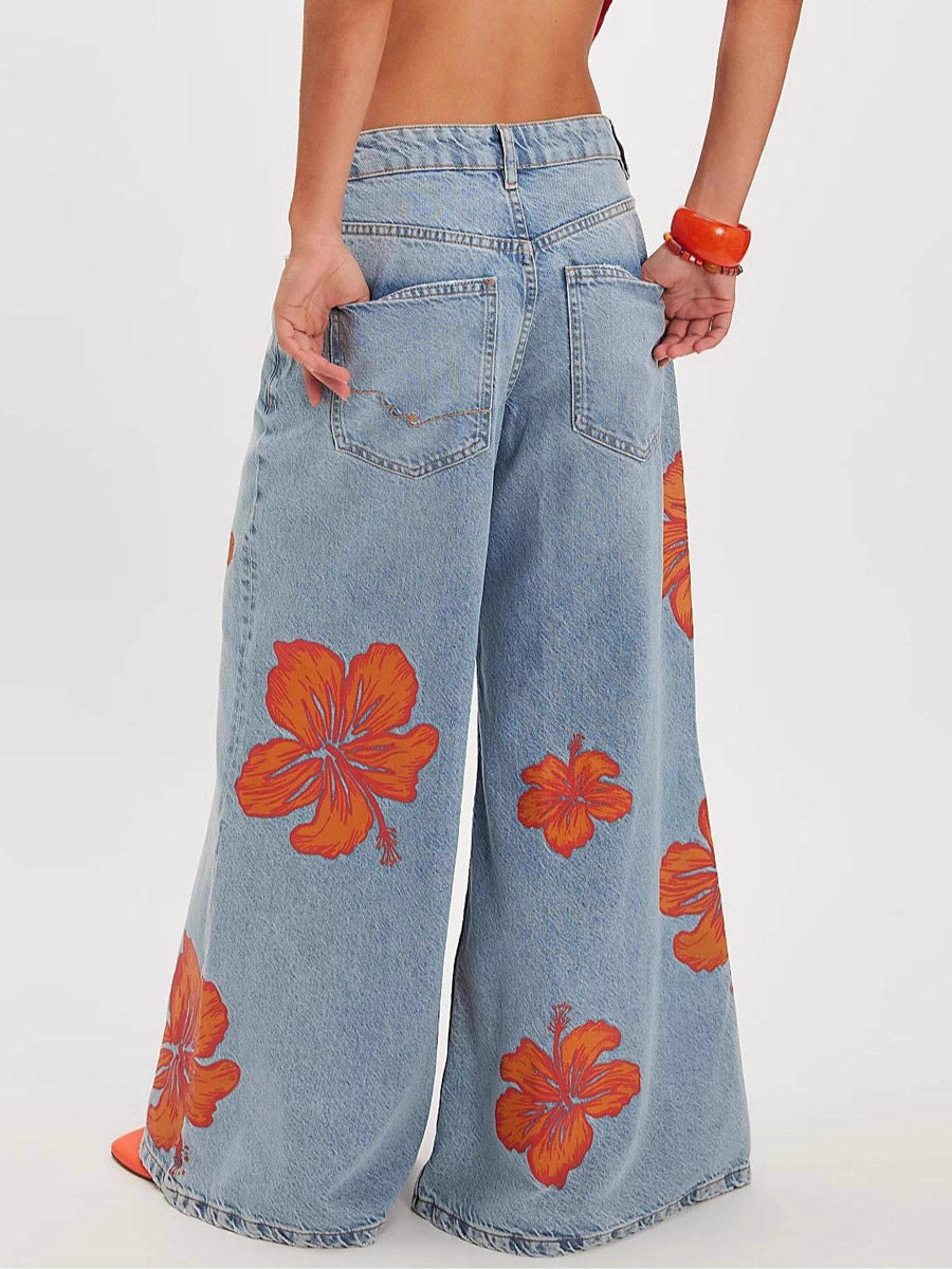 Blue Low-Rise Wide-Leg Floral Jeans — view 3