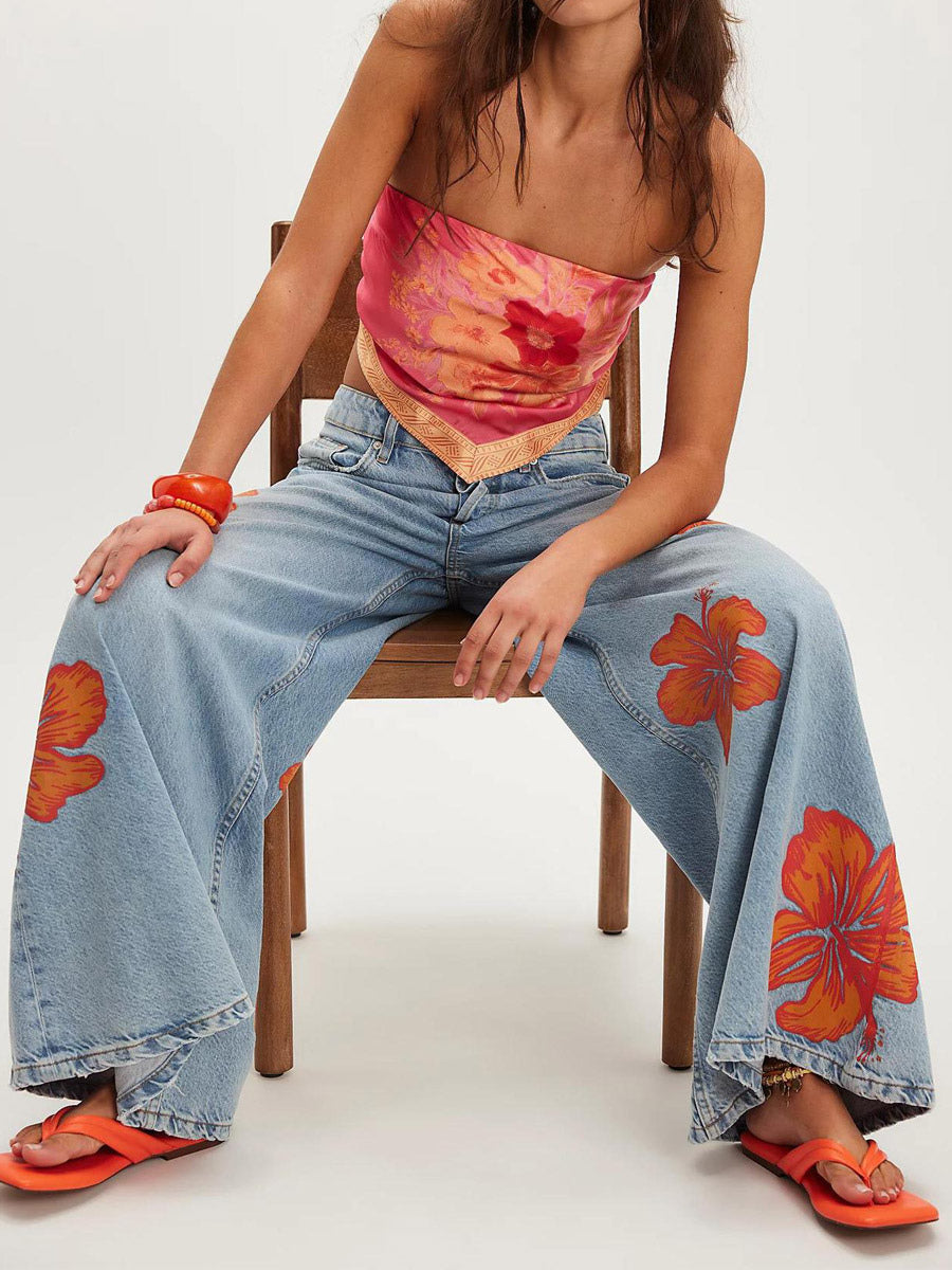 blue low rise wide leg floral jeans — view 2
