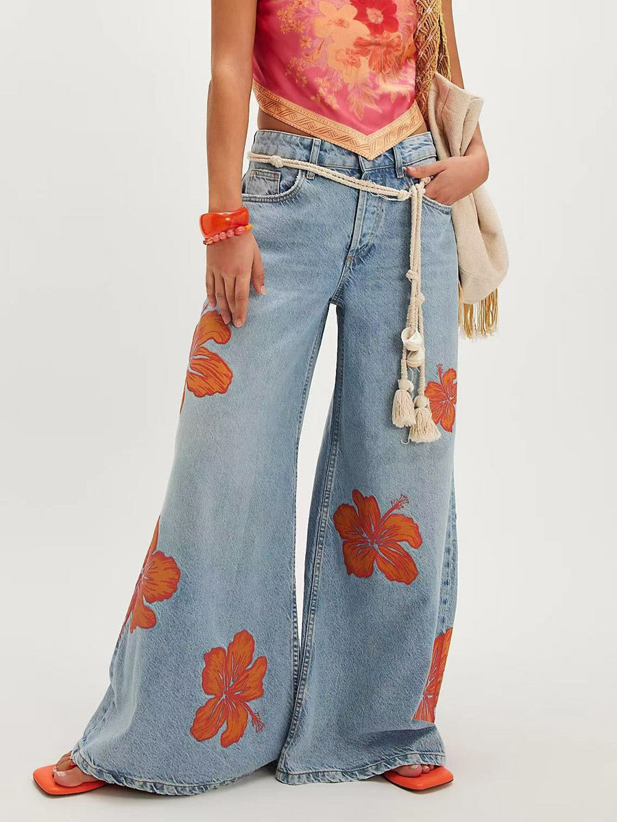 Blue Low-Rise Wide-Leg Floral Jeans — view 1