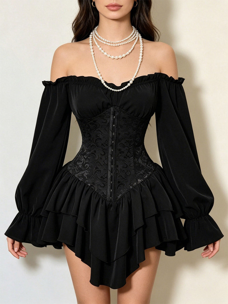Red Long-Sleeve Off-Shoulder Ruffle Dress — view 3