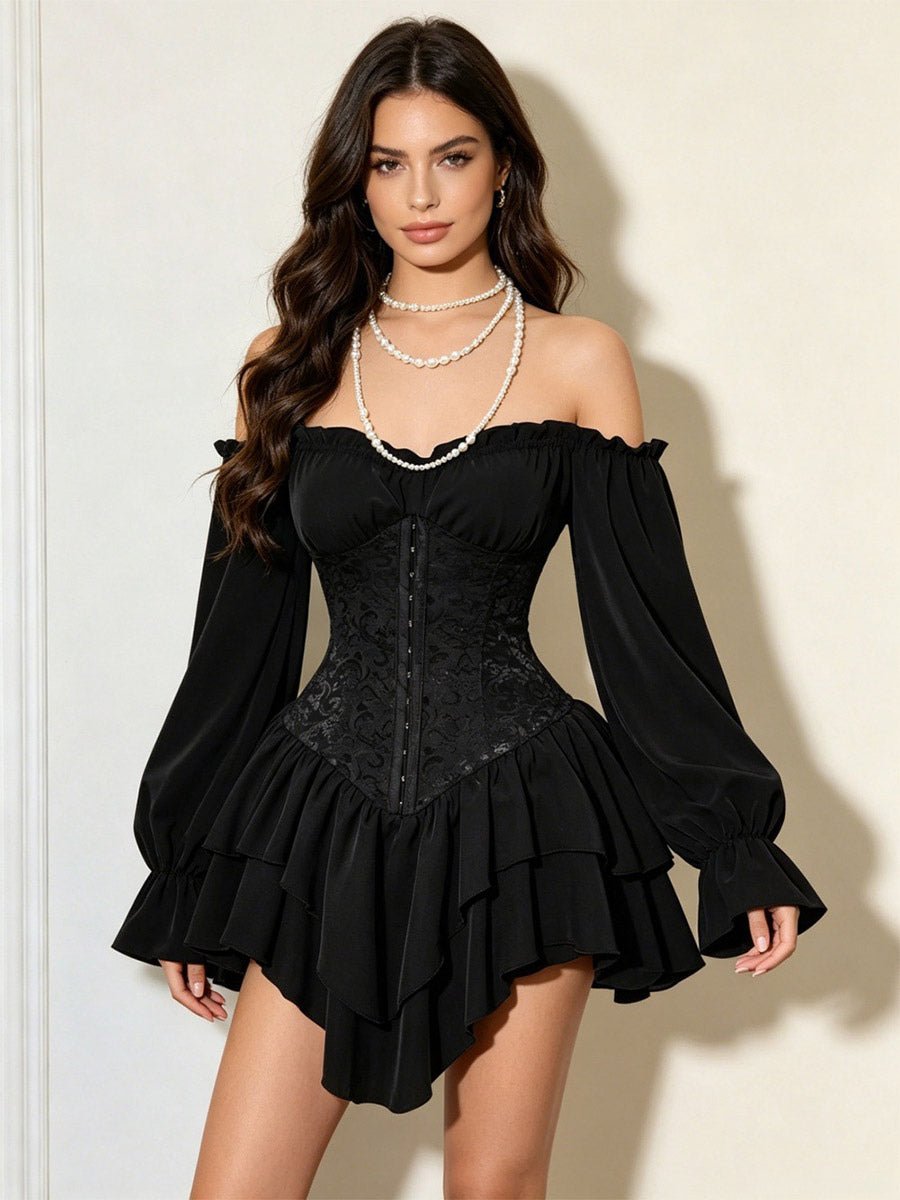 Red Long-Sleeve Off-Shoulder Ruffle Dress — view 1