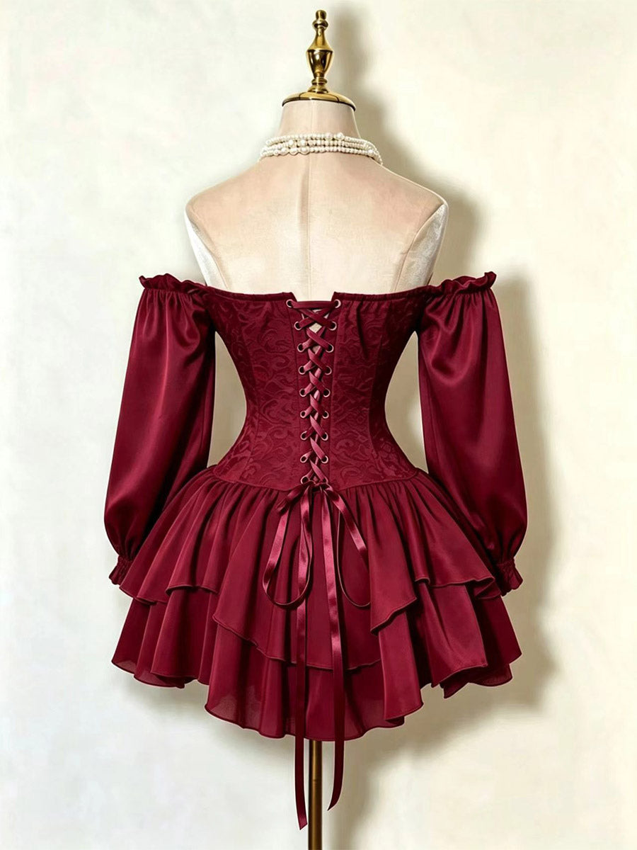 Red Long-Sleeve Off-Shoulder Ruffle Dress — view 10