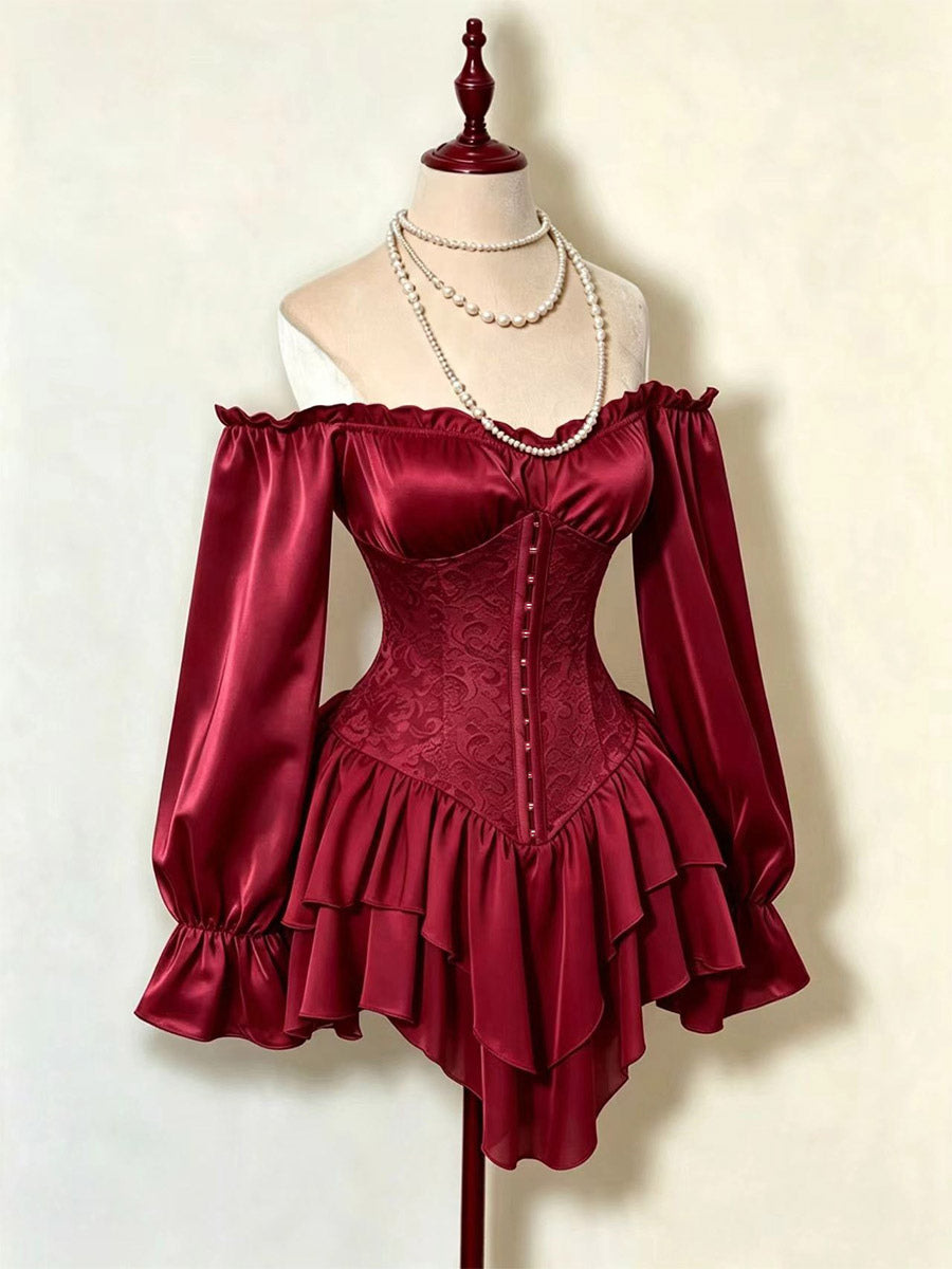 Red Long-Sleeve Off-Shoulder Ruffle Dress — view 9