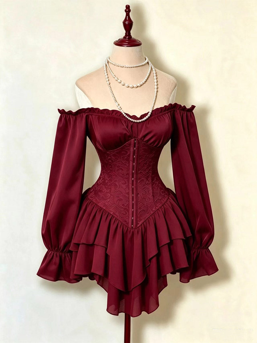 Red Long-Sleeve Off-Shoulder Ruffle Dress — view 8