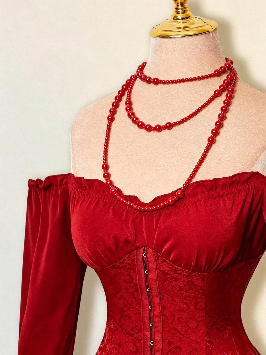 Red Long-Sleeve Off-Shoulder Ruffle Dress — view 7