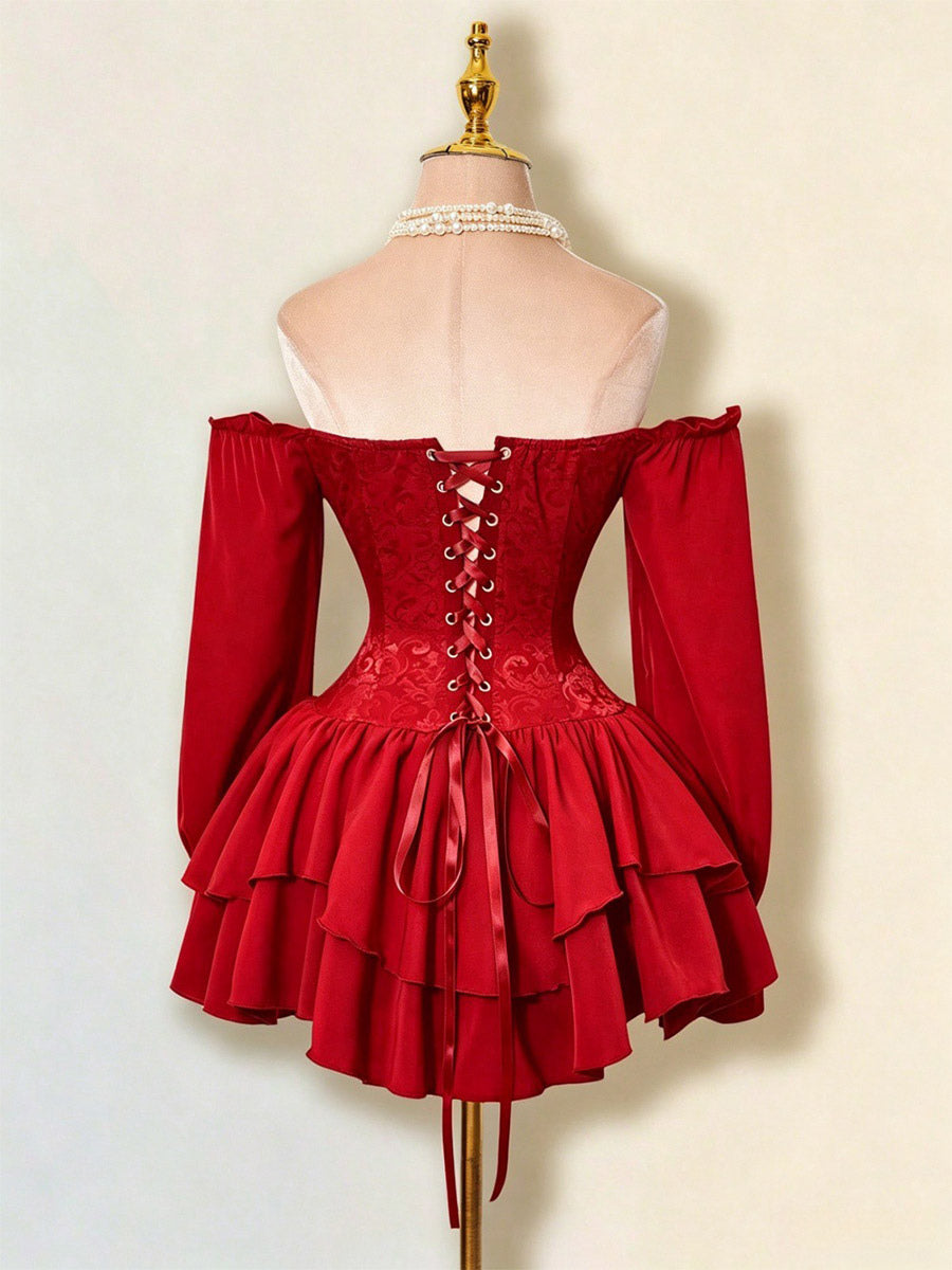 Red Long-Sleeve Off-Shoulder Ruffle Dress — view 6