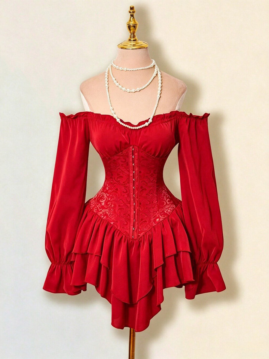 Red Long-Sleeve Off-Shoulder Ruffle Dress — view 5