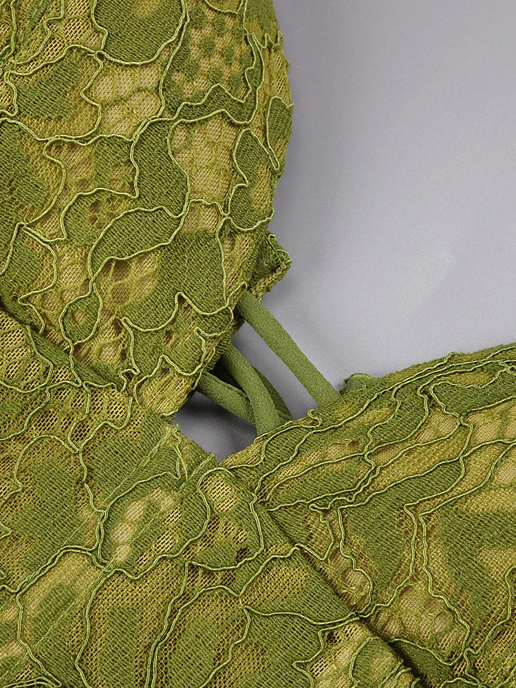 Olive Halter-Neck Pleated Lace Dress — view 8