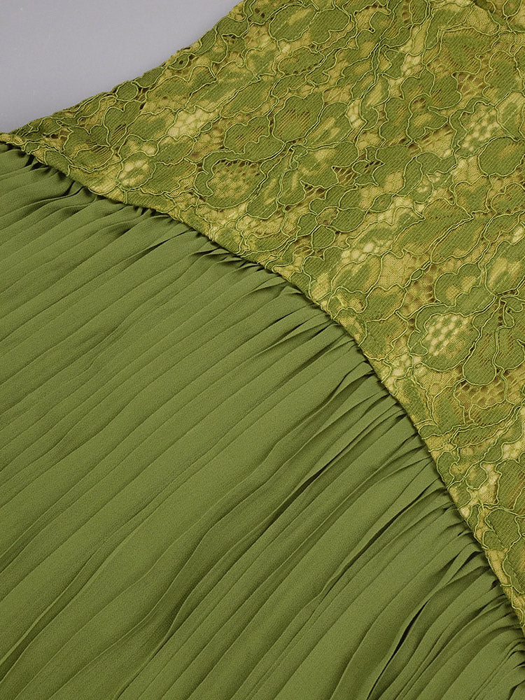 Olive Halter-Neck Pleated Lace Dress — view 7