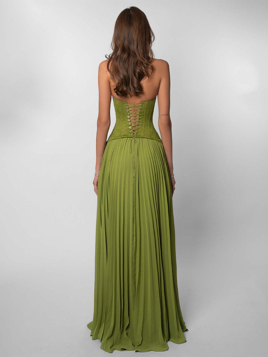 Olive Halter-Neck Pleated Lace Dress — view 5