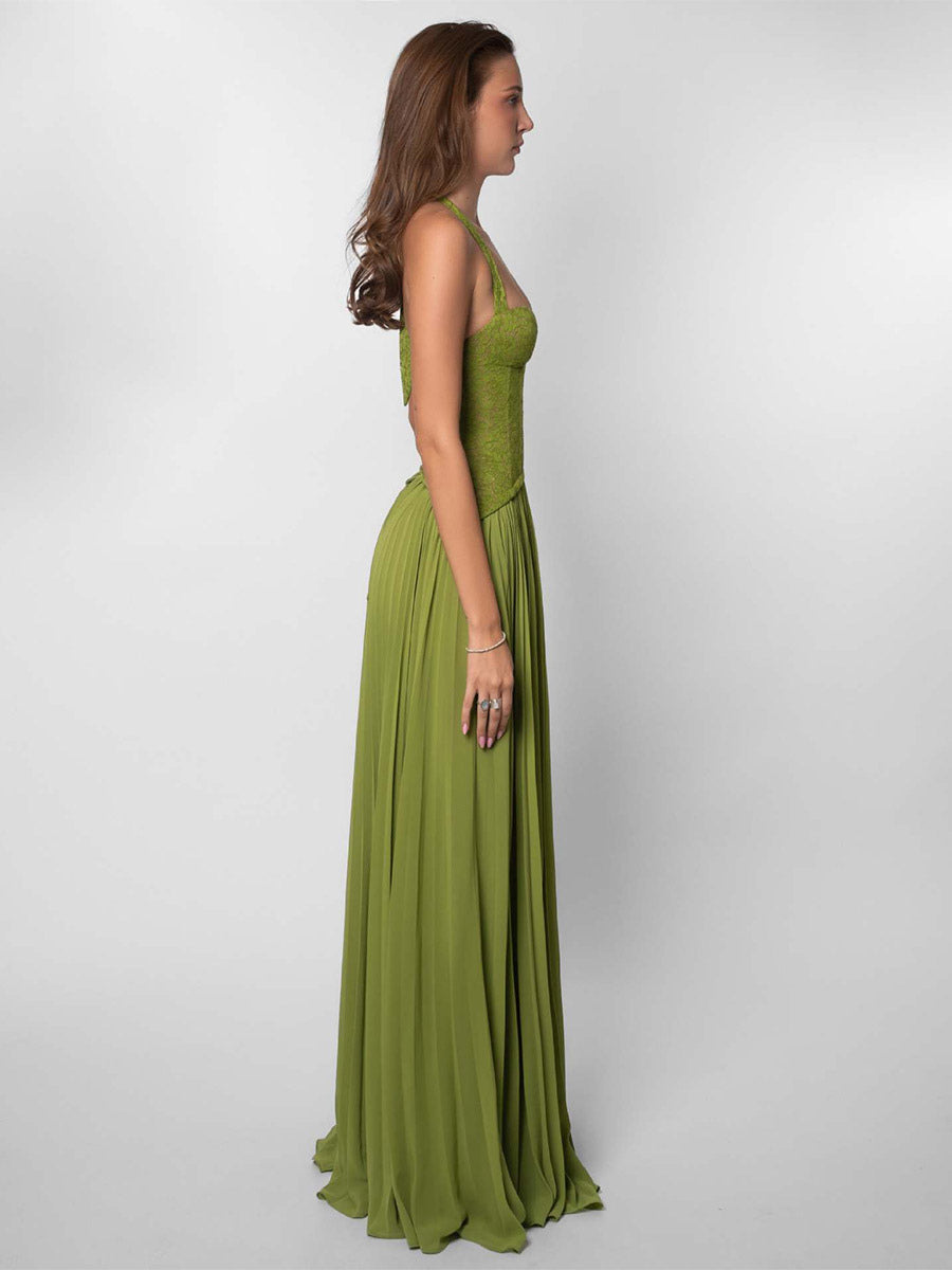 Olive Halter-Neck Pleated Lace Dress — view 4