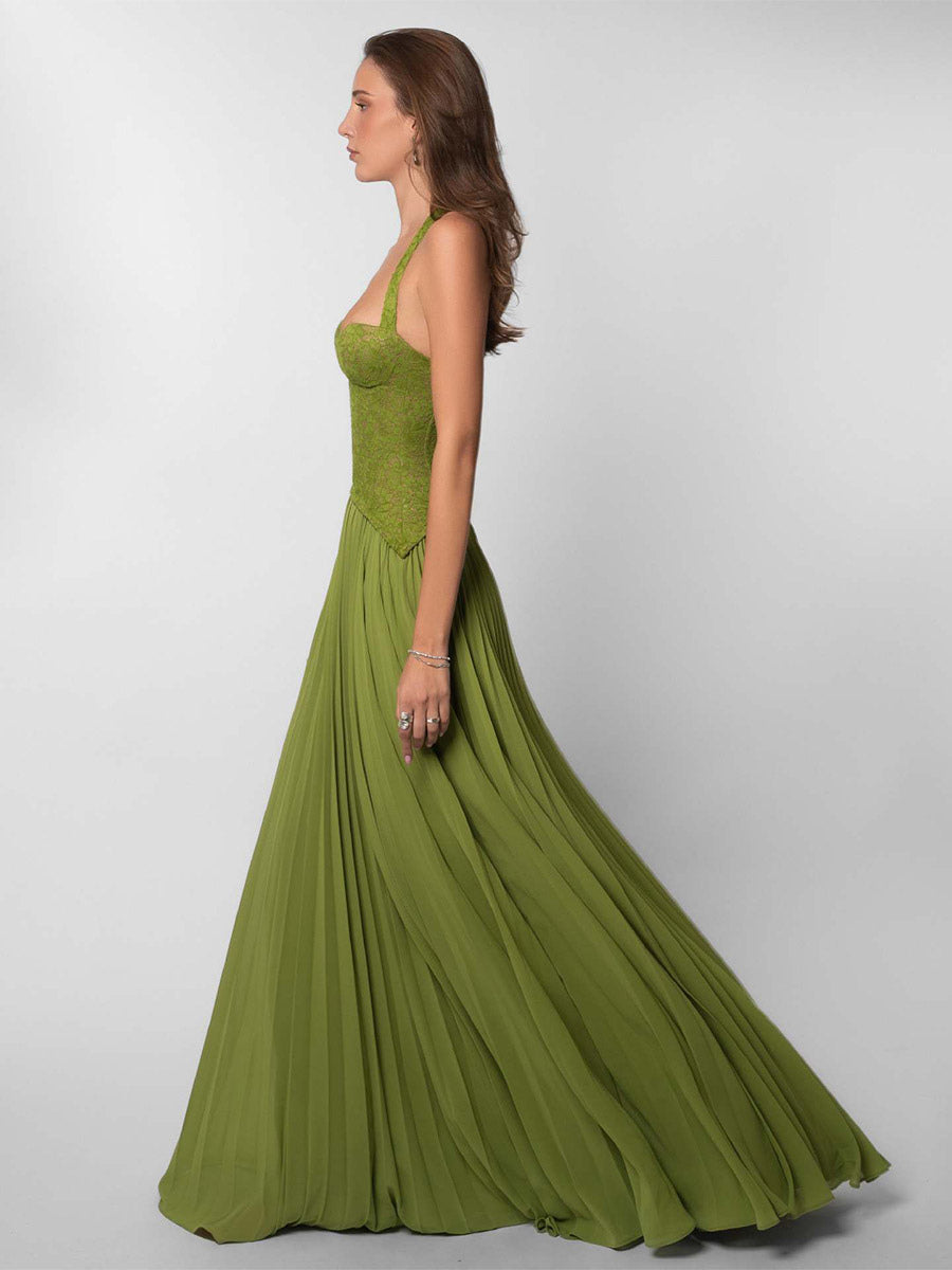 Olive Halter-Neck Pleated Lace Dress — view 3