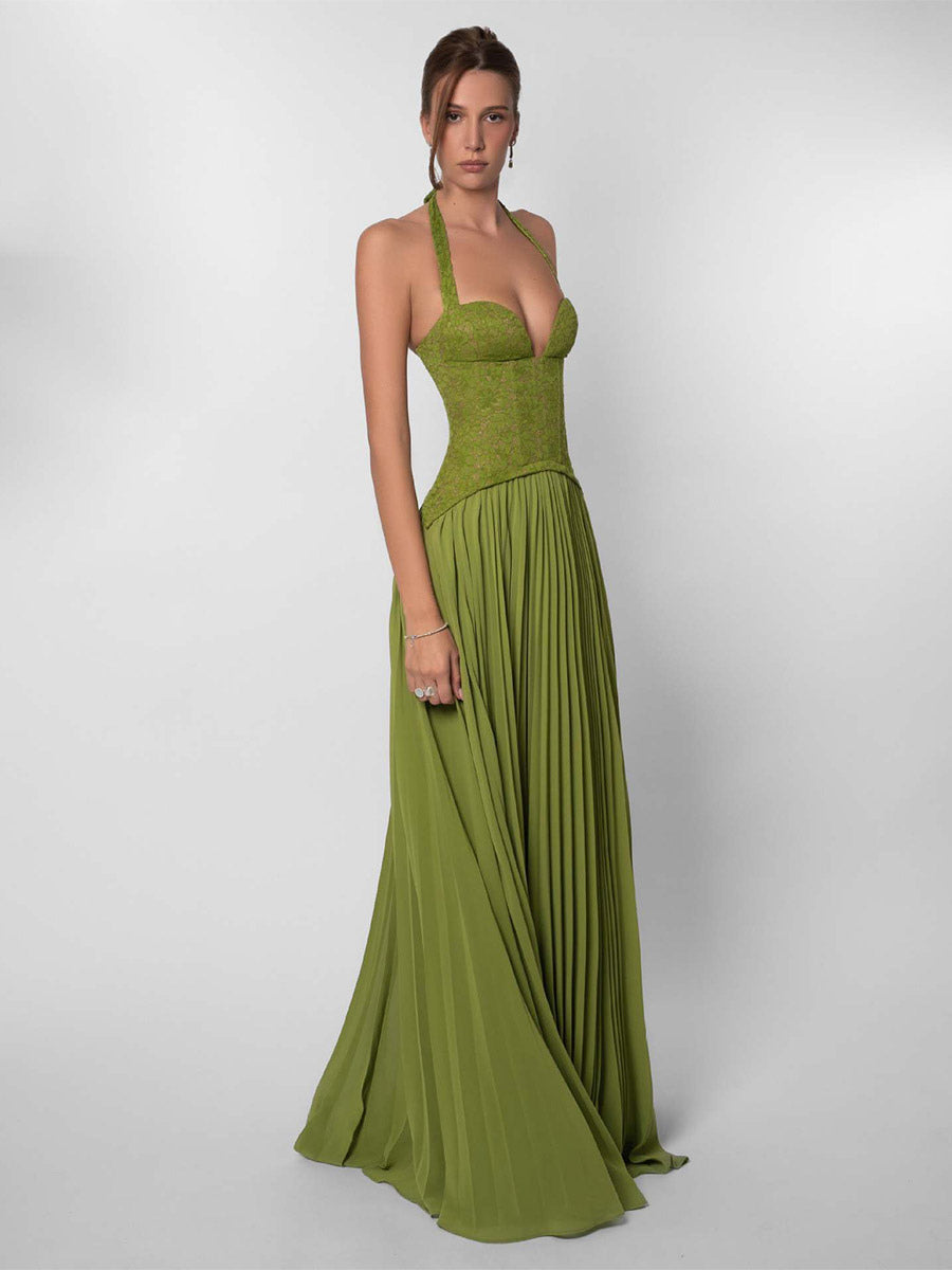 Olive Halter-Neck Pleated Lace Dress — view 2