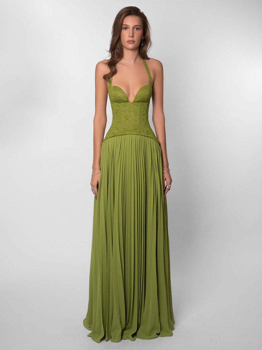 Olive Halter-Neck Pleated Lace Dress — view 1